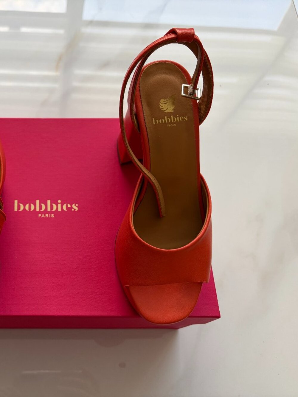 Bobbies Paris Coral Orange Leather Block Heel Sandals | Size 6 US, 36 EU